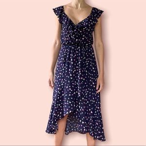RUFFLE PRINT WRAP MIDI DRESS IN NAVY CONFETTI